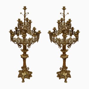 Large 19th Century Gothic Revival Brass Candelabras, Set of 2