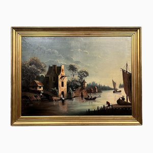 Artiste de l'école hollandaise, paysage de lac, années 1800, huile sur toile, encadrée