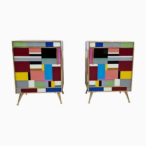 Bedside Cabinets in Wood and Multicolored Glass, 1980s, Set of 2