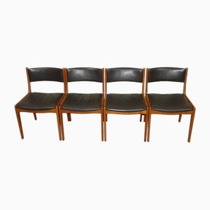 Chaises Vintage en Teck et Cuir Noir, Set de 4