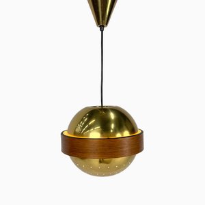 Suspension Mid-Century Scandinave en Laiton et Teck, 1960s