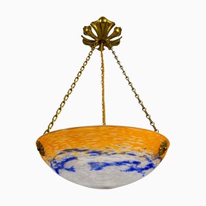 Art Nouveau French Orange, White and Blue Glass Pendant Light by Noverdy, 1920s