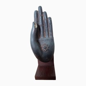 Antique Bronze Buddha Hand Statue on Wooden Base