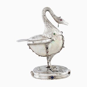 Swan-Shaped Centerpiece in Silver with Engraved Decorations, 1880s