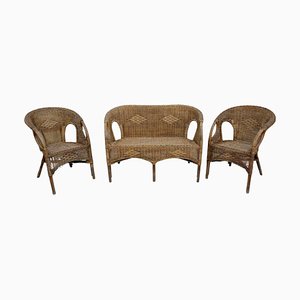 Bamboo and Wicker Sofa and Armchairs, 1970s, Set of 3