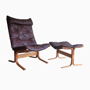 Sedia Siesta Mid-Century in pelle marrone con poggiapiedi di Ingmar Relling, set di 2