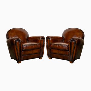 Handgefärbte Whiskey Brown Clubsessel im Art Deco Stil, 2er Set