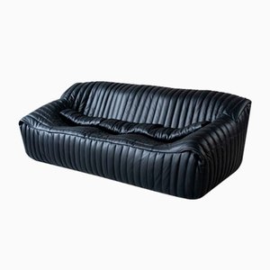 Cinna Ligne Roset Black Leather 3-Seater Sofa attributed to Annie Hieronimus, 1973