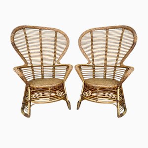 Fauteuil à Dossier Haut en Osier de Bambou, Espagne, 1970s, Set de 2