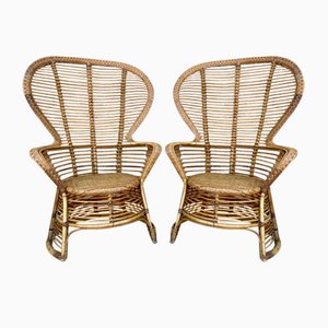 Set of Spanish High Back Armchair in Bamboo Wicker, 1970s