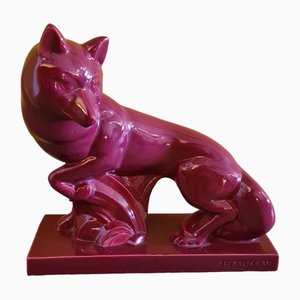 French Art Deco Ceramic Statue of Fox by Charles Lemanceau for Saint-Clément, 1920s