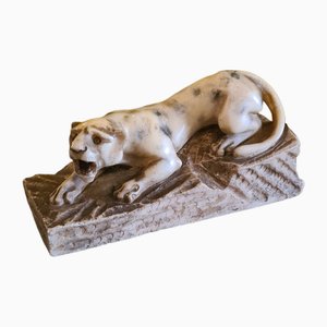 French Art Deco Alabaster Sculpture of Creeping Tiger, 1920s