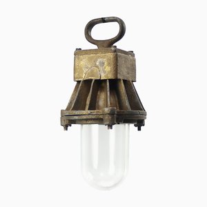 Lampada vintage industriale in ghisa, vetro trasparente
