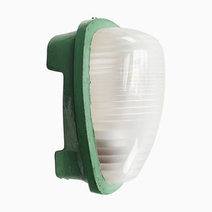 Vintage Industrial French Green Cast Iron & Frosted Cut Glass Wall Light from Holophane, France