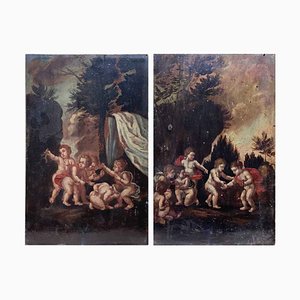 Landscapes with Putti, 1800s, Oil on Panel Paintings, Set of 2