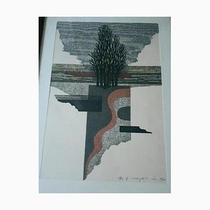 Fumio Fujita, árboles, grabado en madera, 1971
