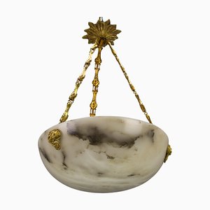 French White and Black Veined Alabaster Pendant Light, 1920s