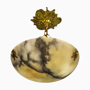 Small French Black Veined Alabaster and Brass Pendant Light, 1920s