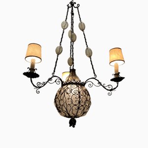 Wrought Iron and Murano Glass Chandelier, 1940s