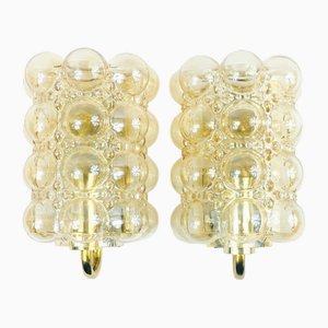 Amber Bubble Glass and Brass Sconces by Helena Tynell for Limburg, Germany, 1960s, Set of 2