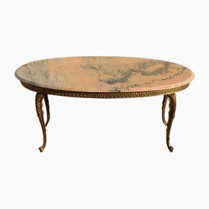 French Louis XV Style Oval Marble and Brass Coffee Table, 1960s