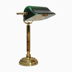 Brass Banker's Lamp with Adjustable Green Glazed Shade, 1950s
