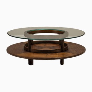 Round Coffee Table in Glass and Teak by Gianfranco Frattini for Cassina, Italy, 1950s