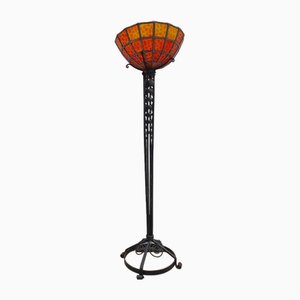Art Deco Lamp in Forged Iron and Red Stained Glass, 1930