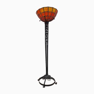 Lampe Art Déco en Fer Forgé et Vitraux Rouges, 1930