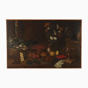 Italian Artist, Still Life with Fruit, Vegetables and Cat, 1600s, Oil on Canvas