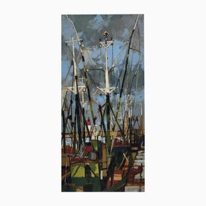 Michel King, Tuna Boats at Guilvinec, 1982, óleo sobre lienzo