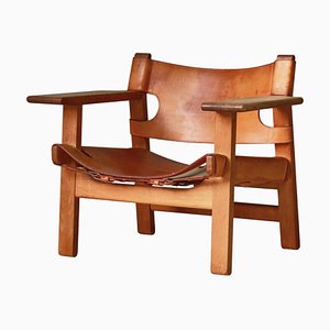 Danish Modern Spanish Chair in Oak and Saddle Leather attributed to Børge Mogensen for Fredericia, 1950s
