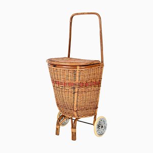 French Riviera Woven Wicker and Rattan Shopping Trolley, 1960s