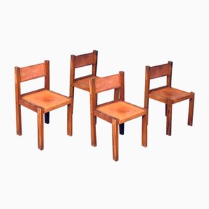 Elm & Cognac Leather Dining Room Chairs Set in the style of Pierre Chapo, Italy, 1960s, Set of 4