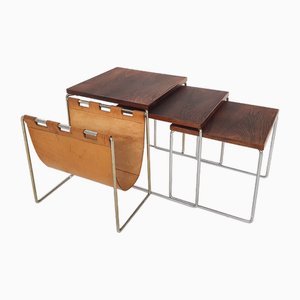 Mid-Century Mimiset Nesting Tables in Rosewood and Leather attributed to Brabantia, the Netherlands, 1950s, Set of 3
