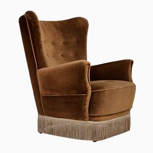 Danish Highback Relax Chair in Original Upholstery & Green Velour, 1960s
