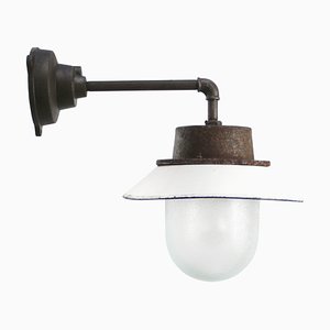 Vintage Industrial Frosted Glass and White Enamel Wall Light