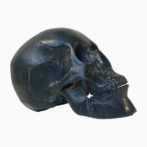 Escultura de un cráneo humano, años 50, bronce fundido con baño de plata