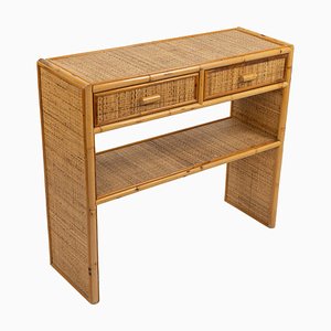 Mid-Century Bamboo and Rattan Console Table with Drawers, 1970s