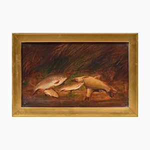 Artiste Victorien, Still Life of Landed Game Fish, Huile sur Panneau, 1886, Encadré