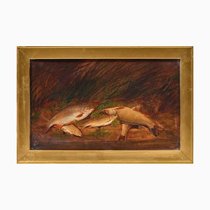 Victorian Artist, Still Life of Landed Game Fish, Oil on Panel, 1886, Framed
