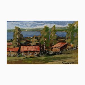Red Houses in Nature, 1950s, Oil on Board, Framed