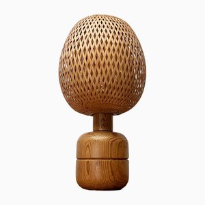 Lámpara de mesa escandinava vintage de bambú y madera, años 70