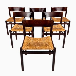 Mid-Century Wenge and Rush Dining Chairs, 1960s, Set of 6