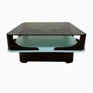 Brutalist Square Coffee Table in Wengé and Formica with Smoked Glass Top, 1970s