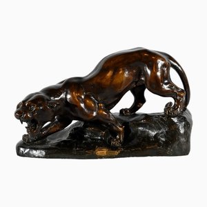 T.cartier, Tigre à l'affût, Début du XXe Siècle, Sculpture en Terre Cuite Patinée