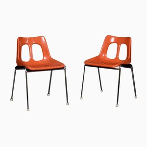 Sedia Mid-Century moderna in plastica arancione e metallo cromato di Plasson, anni '60, set di 2