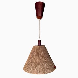 Model 324 Height Adjustable Teak and Sisal Cord Hanging Lamp from Temde Leuchten, 1950s