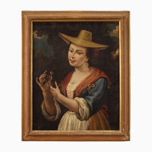 Italian Artist, Portrait of a Girl with a Goldfinch, 18th Century, Oil on Canvas, Framed
