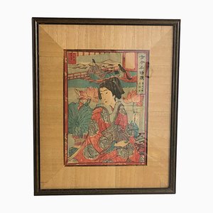 Artista japonés, Composición figurativa del período Edo, siglo XIX, Grabado en madera original, enmarcado